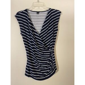 Ann Taylor Top Women's Petite Medium Navy White Stripe Surplice Draped Crossover